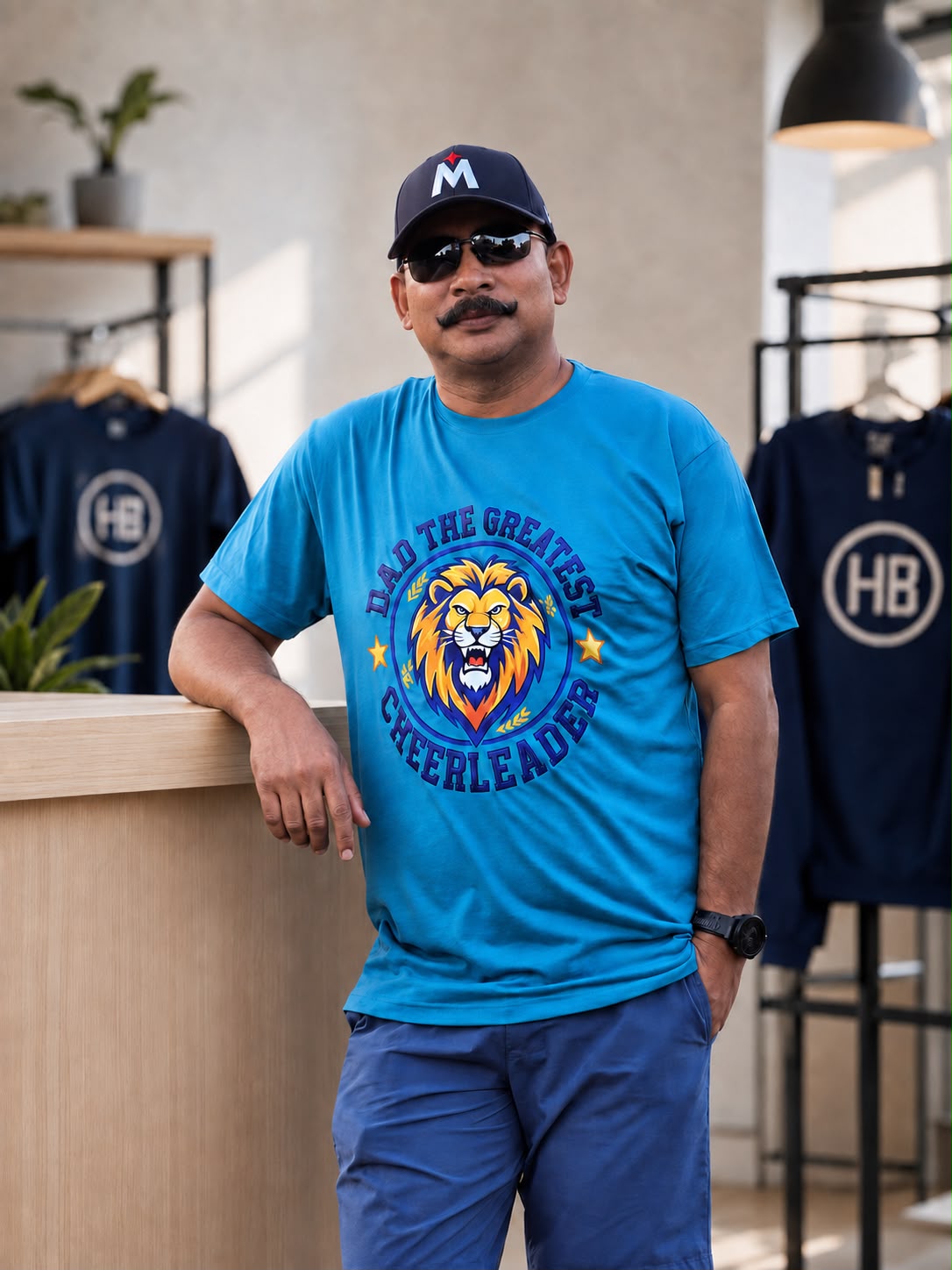 Man wearing a blue Dad the Greatest Cheerleader T-shirt with a lion graphic