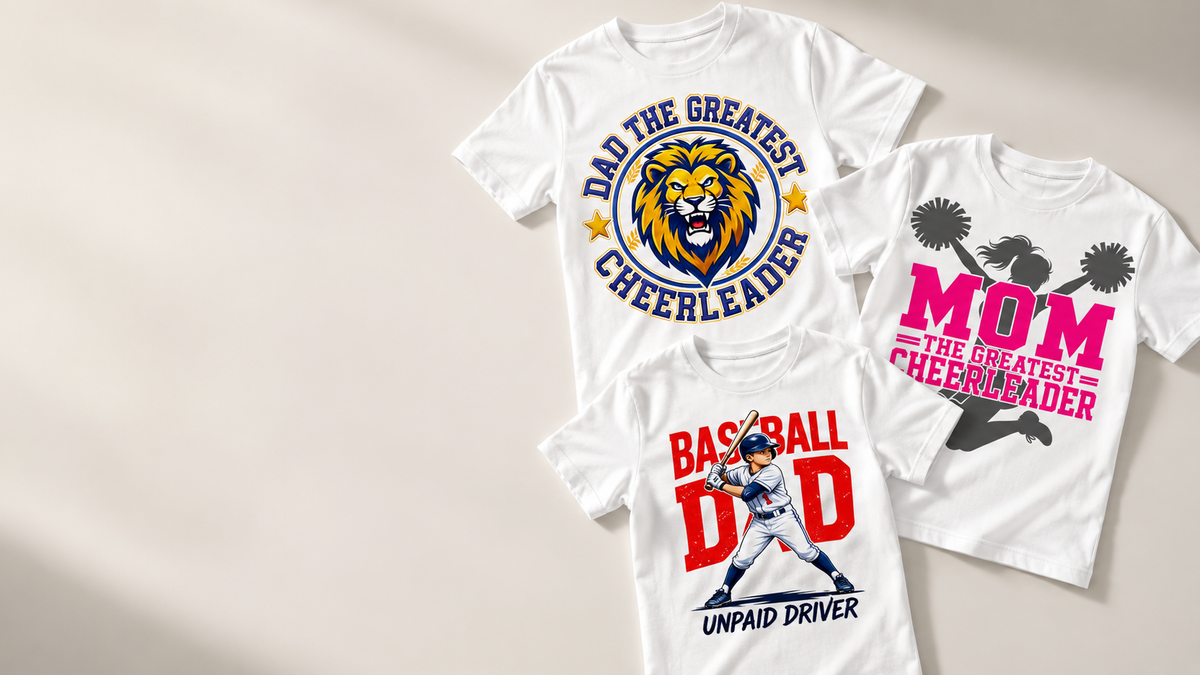 White graphic T-shirts with cheer mom, cheer dad and baseball dad designs